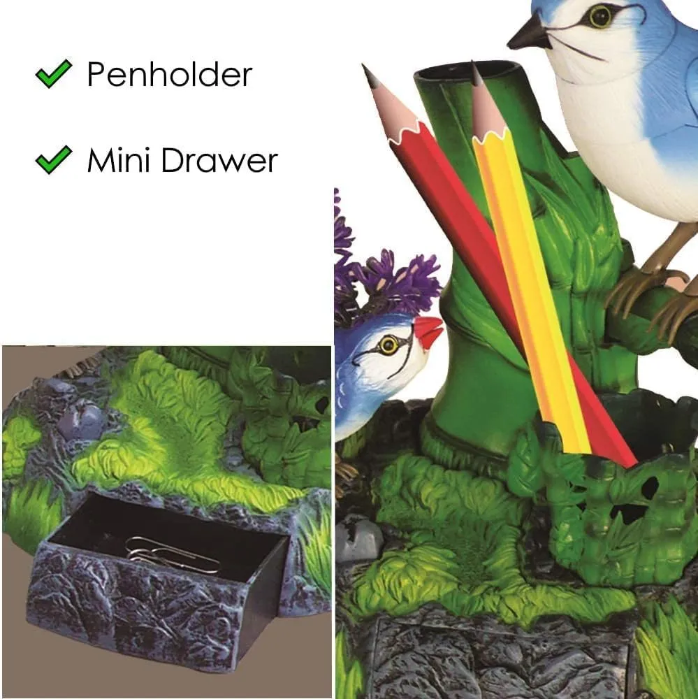 Chirping Birds with Penholder and Mini Drawer - Battery Operated coral kit Realistic Bird Motion & Sound (Batteries Included) Great Office Desk and Room Accessory Haktoys Singing 