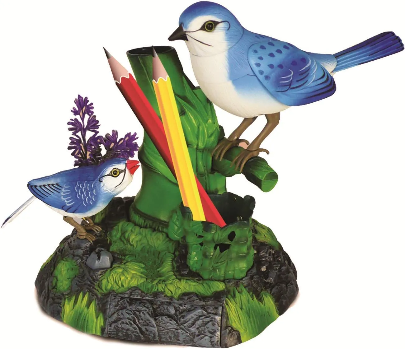 Chirping Birds with Penholder and Mini Drawer - Battery Operated coral kit Realistic Bird Motion & Sound (Batteries Included) Great Office Desk and Room Accessory Haktoys Singing 