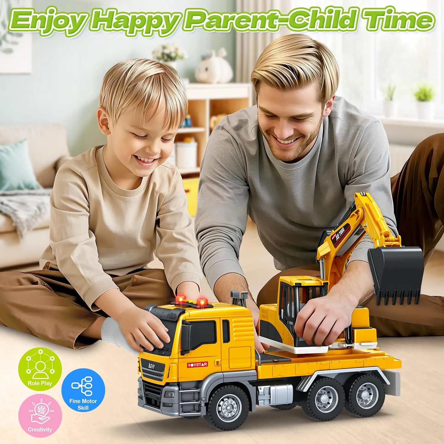 Christmas Birthday Gifts Kids Toys for 3 4 5 6 7 8 Years Old Boys, Large Excavator Truck Toy with Lights, Sounds, Toddler Friction Powered Truck granular presence Vehicle Toy for Boys Girls 