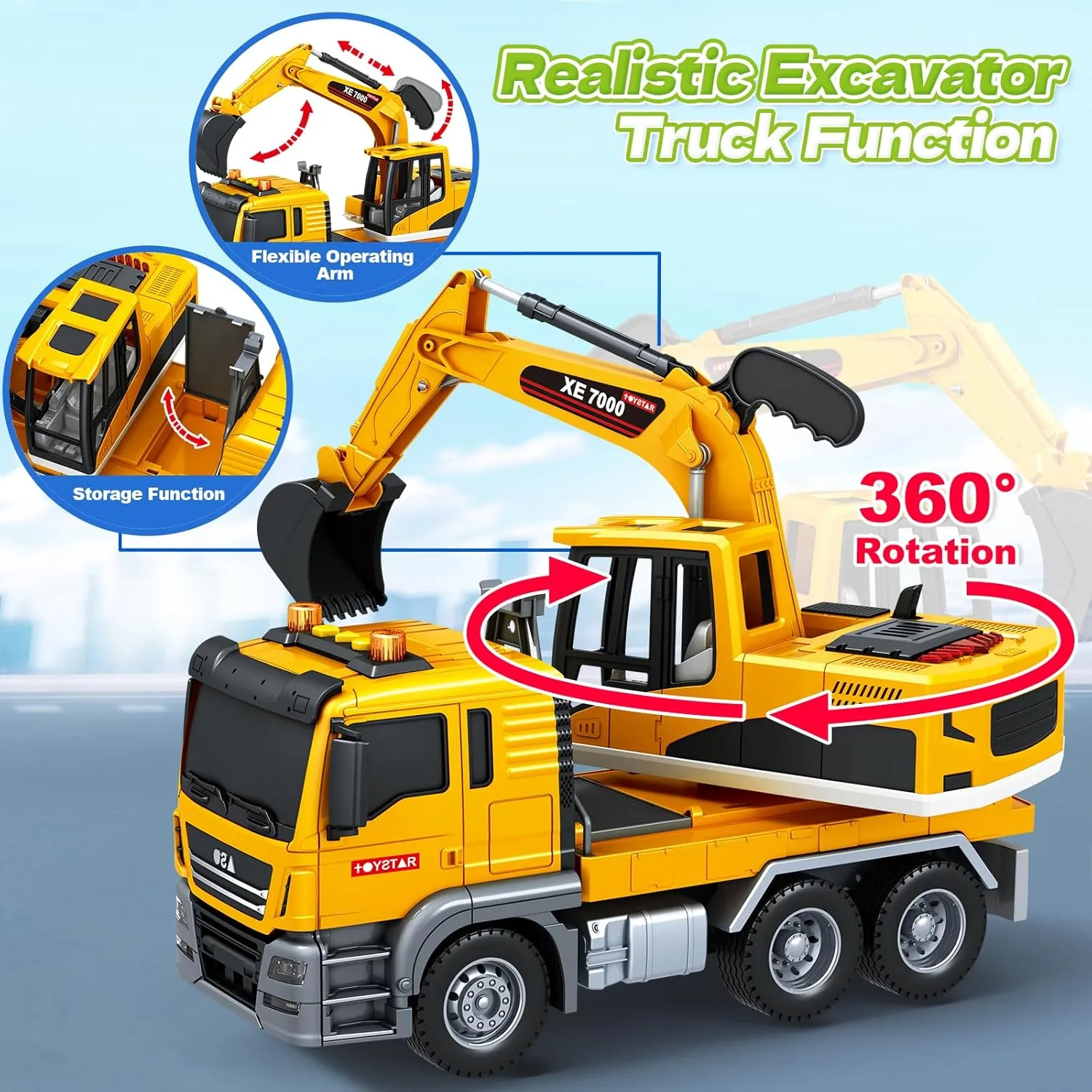 Christmas Birthday Gifts Kids Toys for 3 4 5 6 7 8 Years Old Boys, Large Excavator Truck Toy with Lights, Sounds, Toddler Friction Powered Truck granular presence Vehicle Toy for Boys Girls 