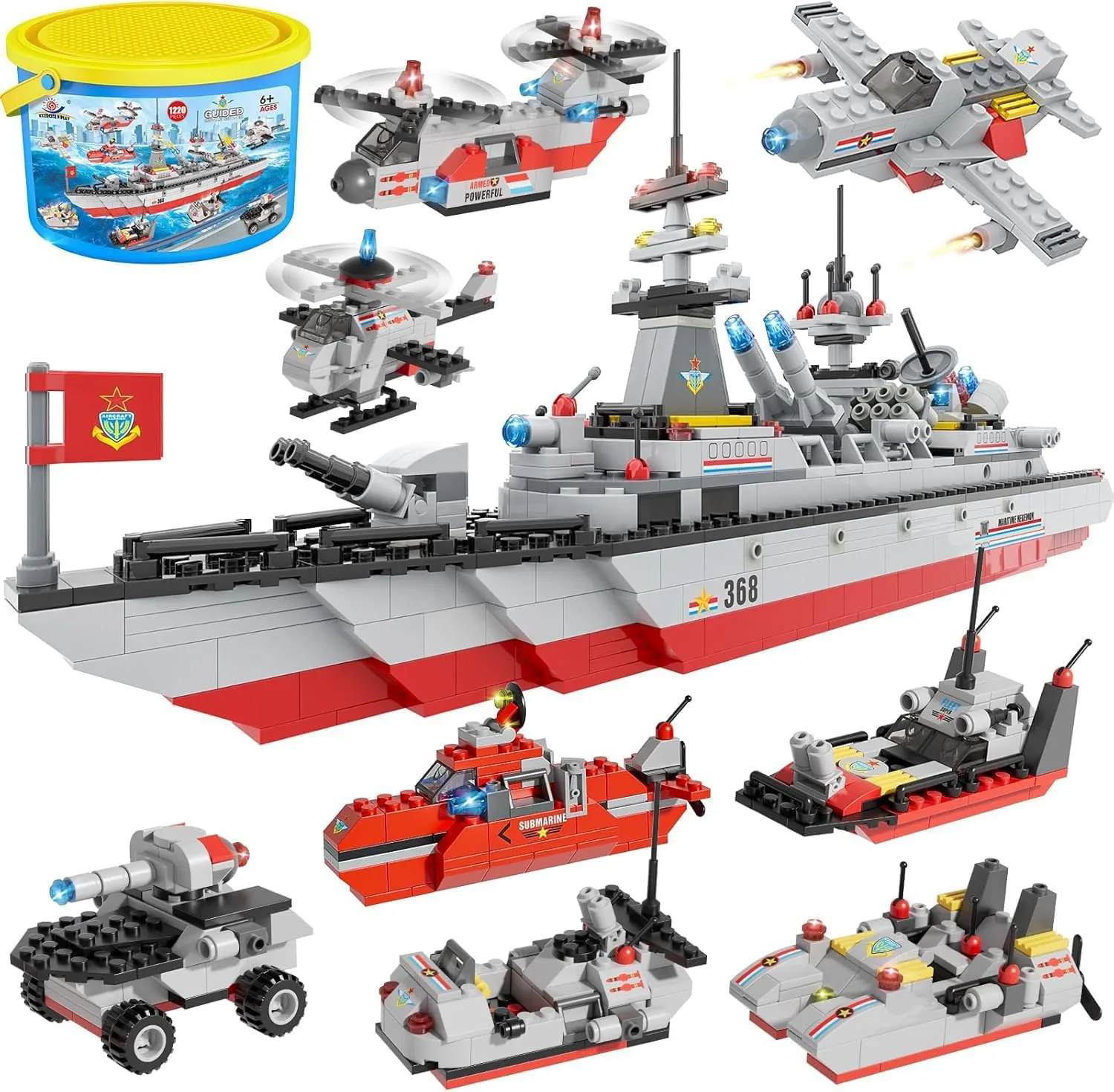 City War Military Battleship Building Blocks Set, with Army Truck, Car, Boat, Airplane, Helicopter, WW2 Construction Toys Gift sixteen tissue recovery fictitious for Kids Boys Girls Aged 6 Plus WishaLife 