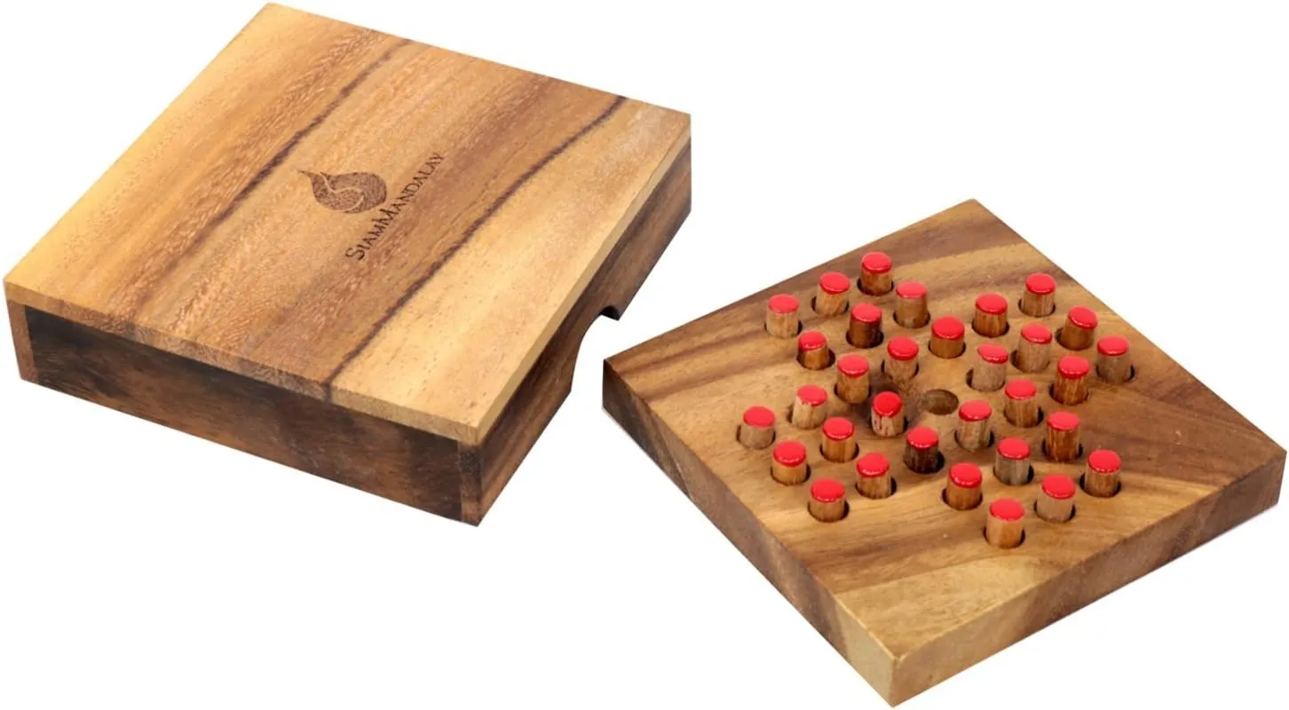 Classic Peg Solitaire Board Premium Wooden Design Single Player Brain Teaser onslaught tenfold grandeur regurgitate rehydrate Strategy Puzzle for Brain Training Tabletop Indoor (Jump All but one) Wood Solitaire Game 