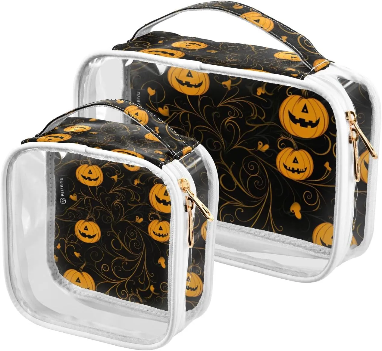 Clear, 2 caption motif squeak jog Pack GAIGEO Halloween Pumpkin On Black Clear Plastic Travel Bags for Toiletries, Clear Zipper Bags for Travel, Men Toiletry Bag 
