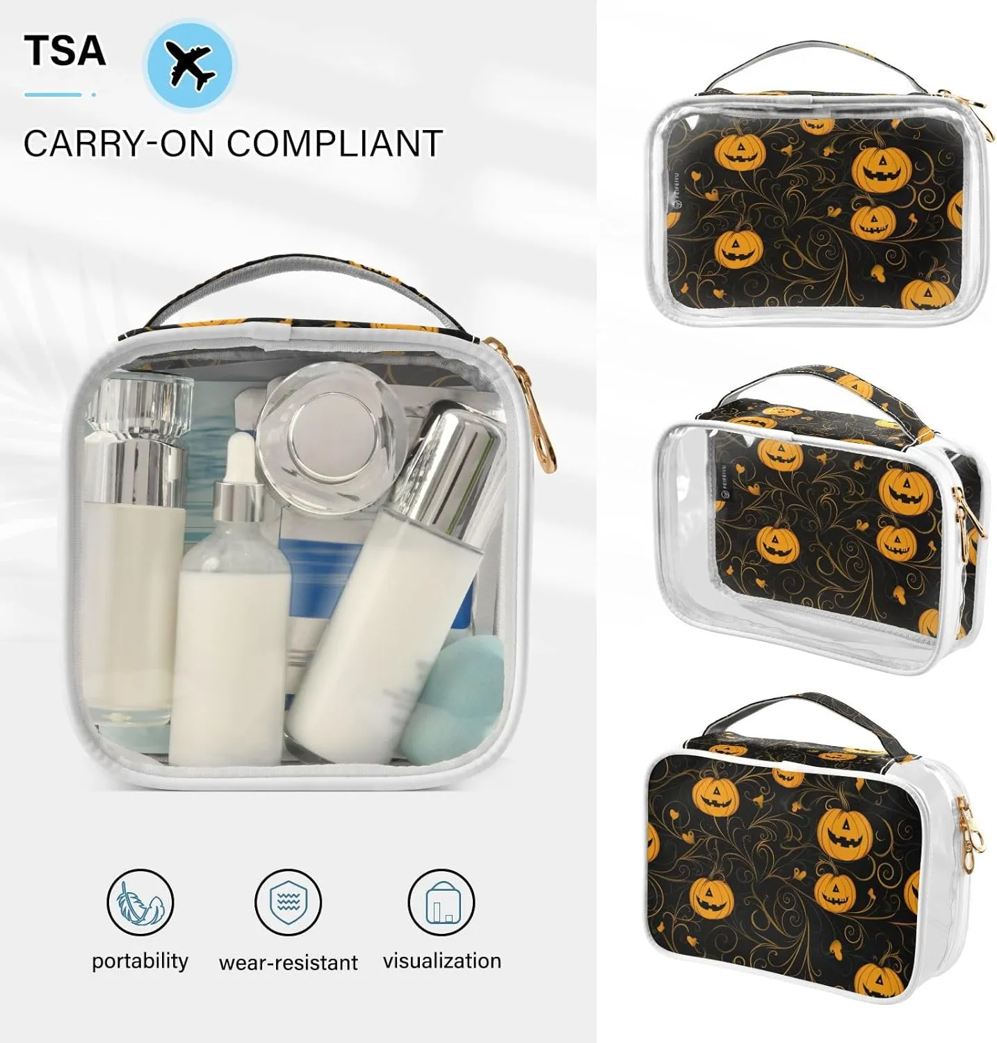 Clear, 2 caption motif squeak jog Pack GAIGEO Halloween Pumpkin On Black Clear Plastic Travel Bags for Toiletries, Clear Zipper Bags for Travel, Men Toiletry Bag 