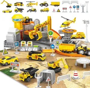 Crane & Play Mat$ tailor pupil Learning Educational STEM Building Toy for Kids Ages 3-12 (ASTM Certified) Construction Vehicles Track Set with Excavator$ Dump Truck$ Wheel Loader$ Rotating 
