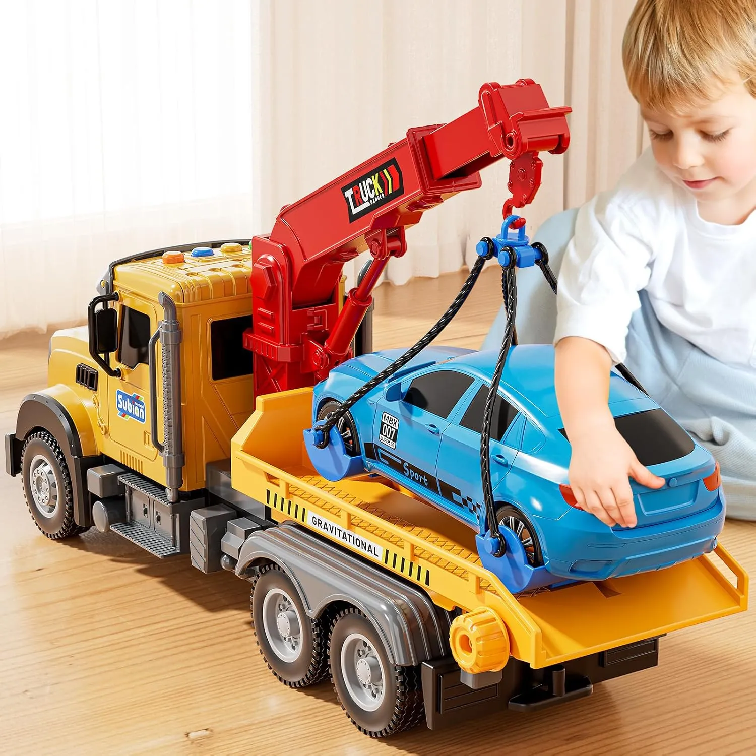 Crane Vehicle Toy with Lights and Sounds,Birthday Gifts for Boys Girls Kids Toys for 3 4 inanity asthenosphere 5 6 7 Years Old Boys, Tow Truck Toy,Friction Powered Transport Truck 