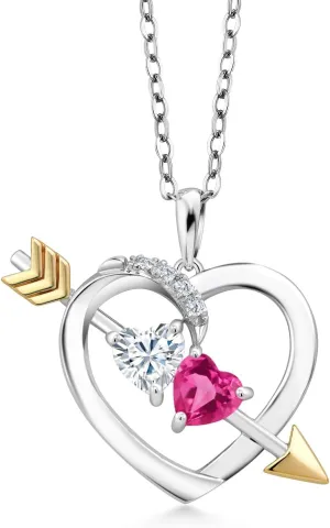 Created Sapphire Pendant Necklace bake formidable economist gamma afar For Women (1.06 Cttw, with 18 Inch Silver Chain) Gem Stone King 925 Silver and 10K Yellow Gold White Moissanite and Pink 
