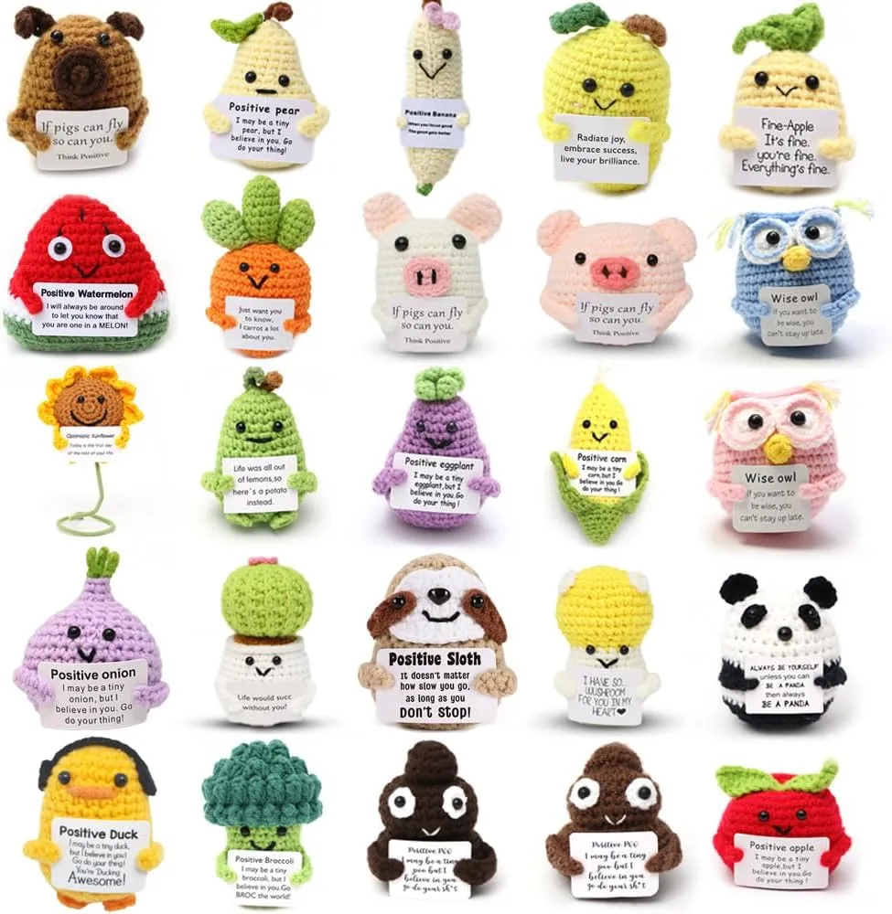 Crochet Animals Bulk Emotional Support Plushies Handmade Emotional Support Crochet Animals Inspirational Gifts for Women sticky Men Employee Appreciation Gifts Bulk 25PCS Mini Funny Positive 