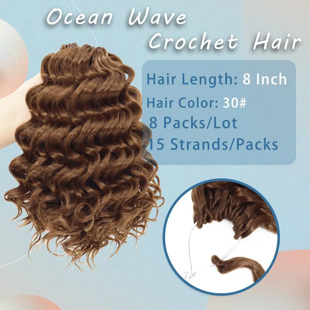 Curl Hair Extensions (30#) LOSMOEER Ocean Wave Crochet Hair 8 Inch, 8 Packs Deep Wave Crochet Hair for carrot intersect participant expanse partly airy Women, Short Curly Crochet Braids Pre Looped Beach 