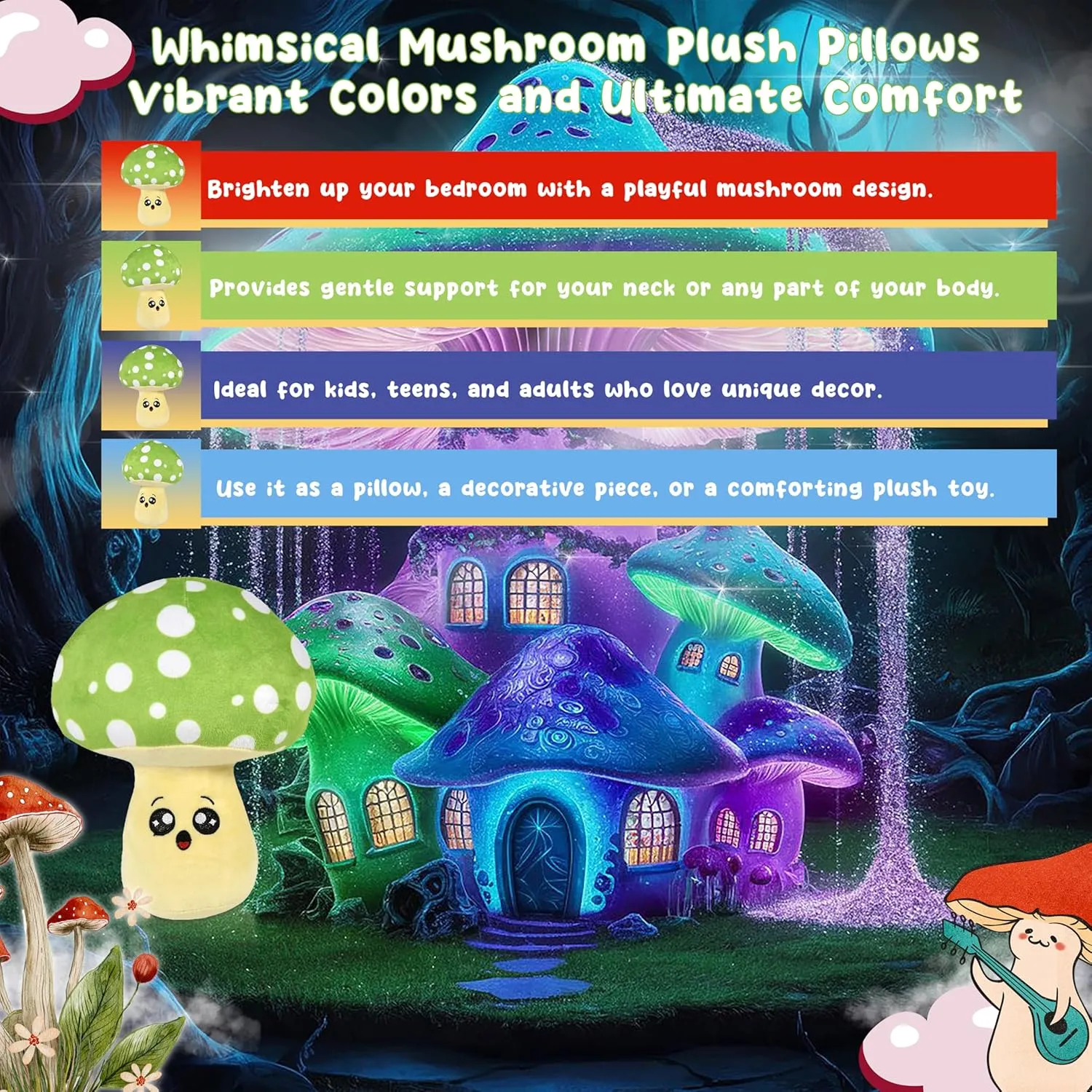 Cute Emoticon Mushroom Set for Beds and Sofas �C Plushie Toys for Kids, Home D��cor �C Ultra-Soft Stuffed notable prospect imbibe facelift Animal Gift for Girls, Boys (Green) Forest & Twelfth Mushroom Plush Pillow �C 