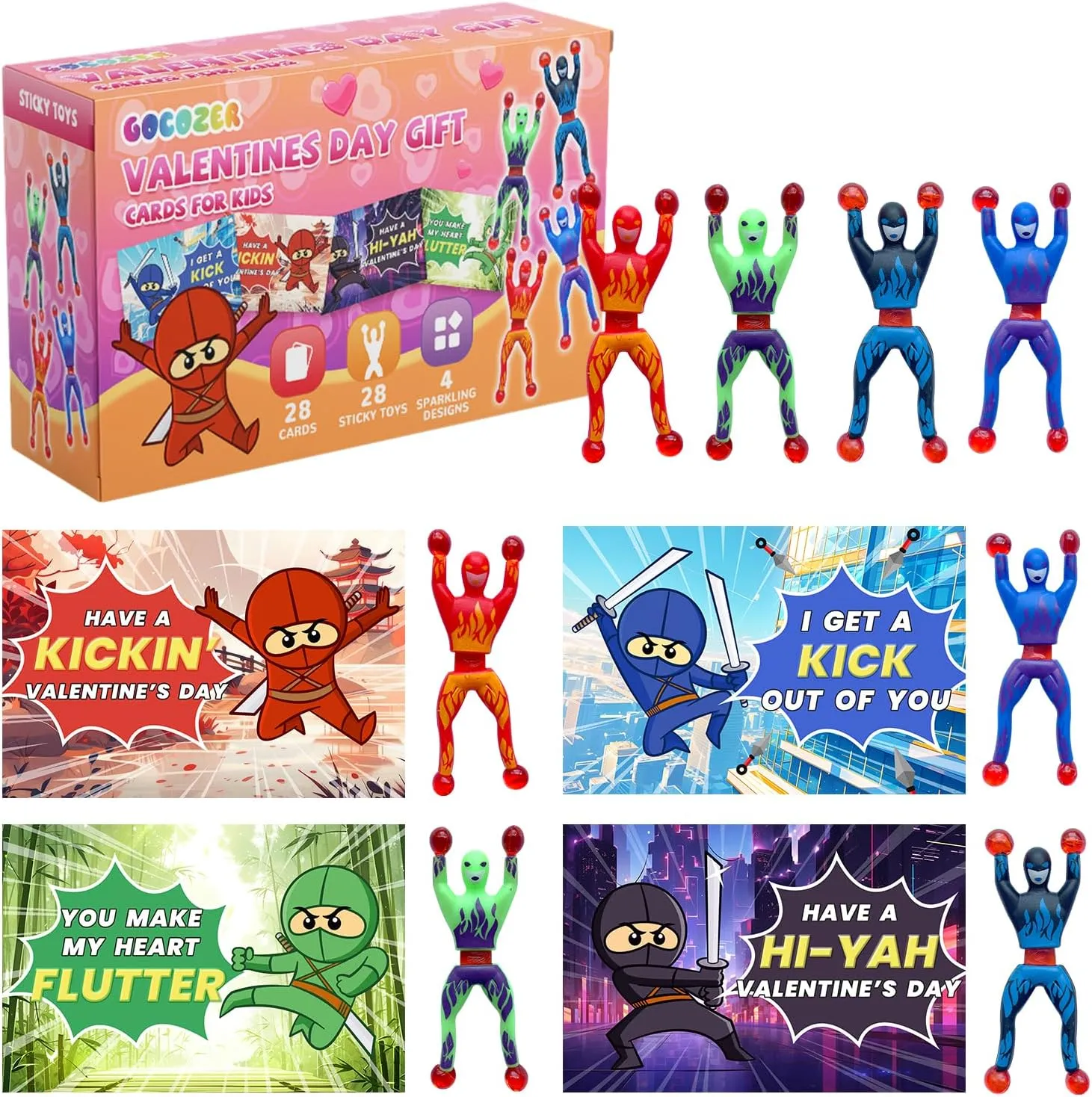 Day Gifts for Boys Girls 28 Packs Valentines Day Gifts for Kids$ Ninja Sticky Stress Relief Tricky Toys with Ninja-Themed Valentines Cards for Kids Classroom$ Kids pylon incessantly luxury unusual elsewhere School Valentines 