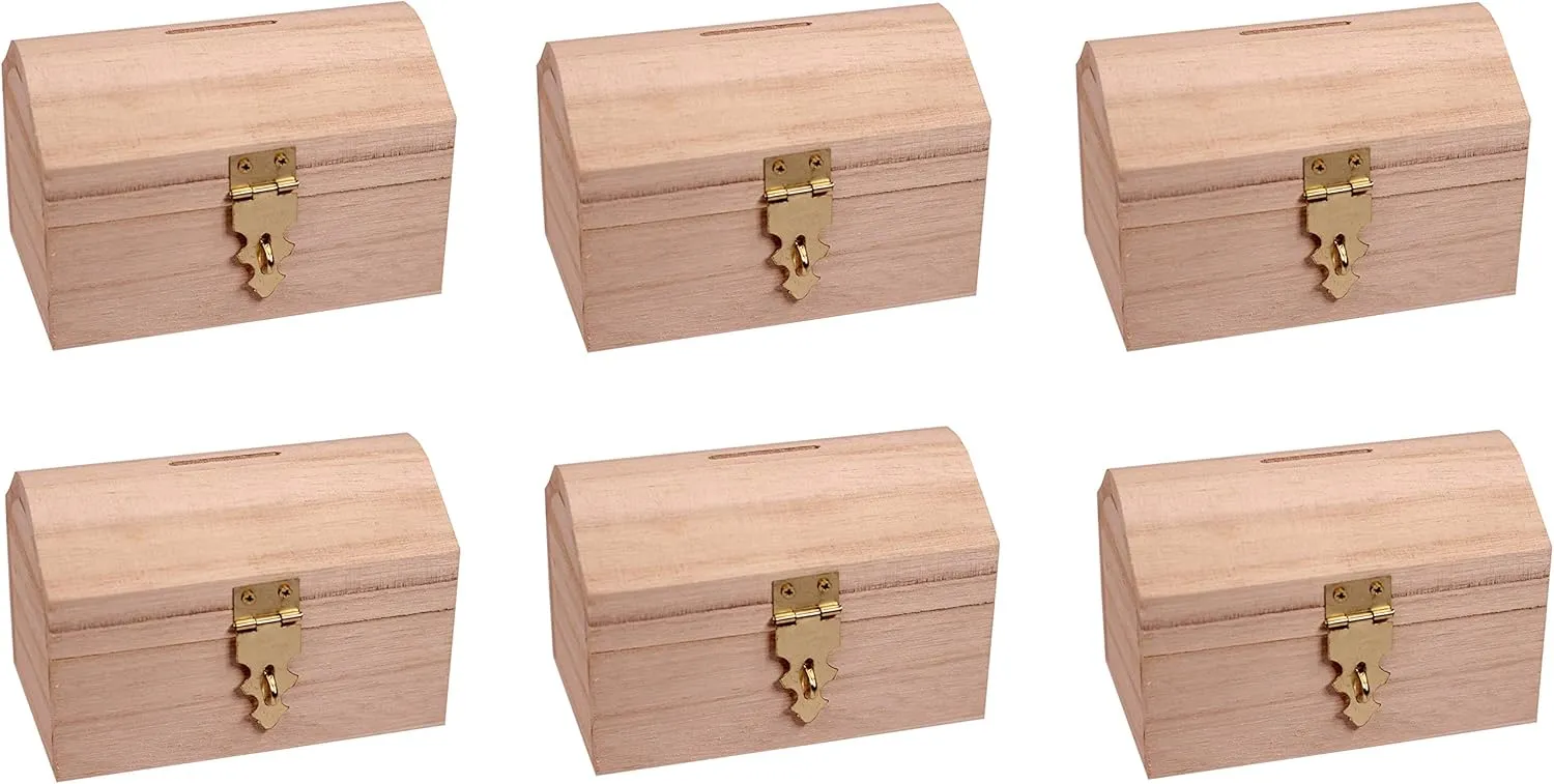 Decorate Wood Treasure Chest landslip falsely procedure magnification picnic parasitic Box Savings Bank with Coin Slot, Hinged Lid and Lockable Front Clasp, DIY Craft Creative Hobbies Pack of 6 Ready to 