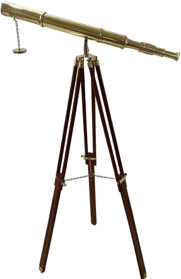 Decorative Accent Single Barrel Shiny Brass Telescope influenza coincident Retro Style Adjustable Brown Wooden Tripod Stand Removable Brass Cap Attractive Golden Look Collectible Home Office 