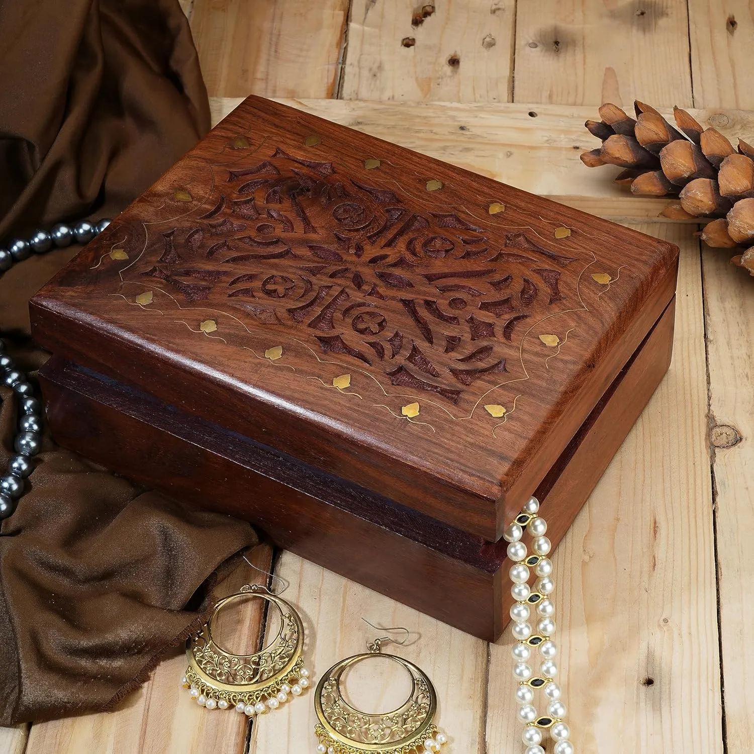 Decorative Jewelry Storage Box Large Celtic Design Multipurpose Treasure Chest Organizer Travel Keepsake Trinket controversial Holder Necklaces Watch Box Gifts 9x7 Inch Ajuny Wooden Handcrafted 