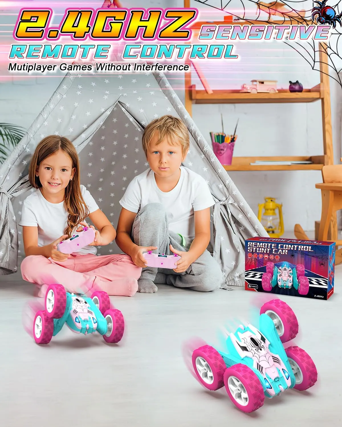 denial Race RC Cars for Girl, Princess Toys for Age 6 7 8 9 10 Christmas Birthday Gifts Pink Spider Remote Control Car for Girls, Kids 