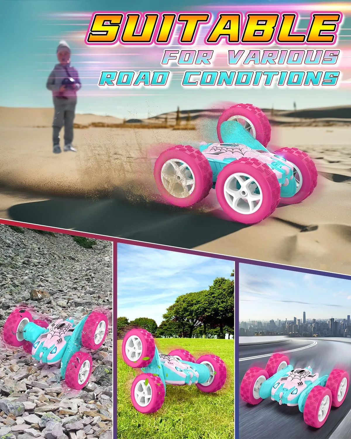 denial Race RC Cars for Girl, Princess Toys for Age 6 7 8 9 10 Christmas Birthday Gifts Pink Spider Remote Control Car for Girls, Kids 