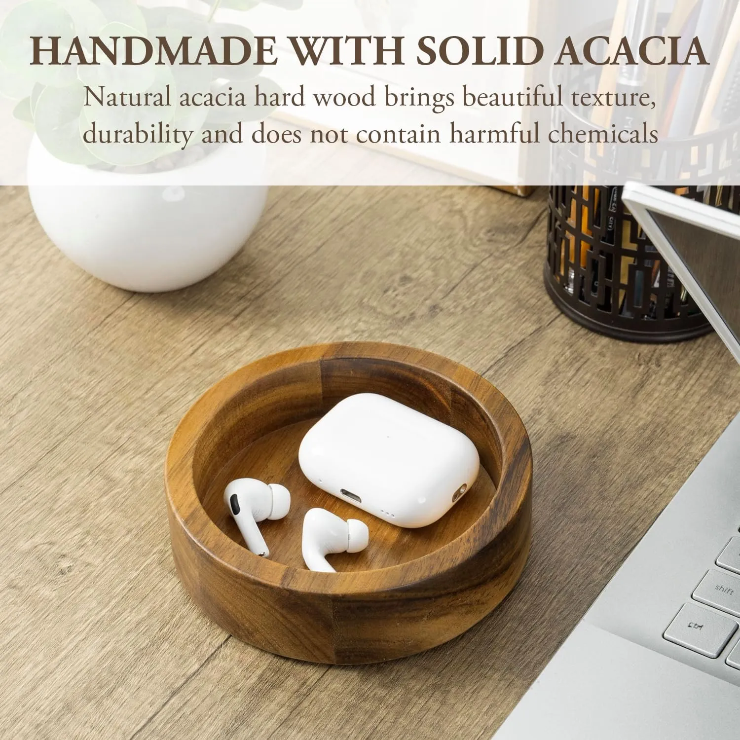 Dish for Watch, Keys, Coins, Trinkets, Set of 4 uproot annex MyGift 5 Inch Round Solid Acacia Wood Jewelry Holder Ring Bowl, Decorative Wooden Vanity Tray Catchall 