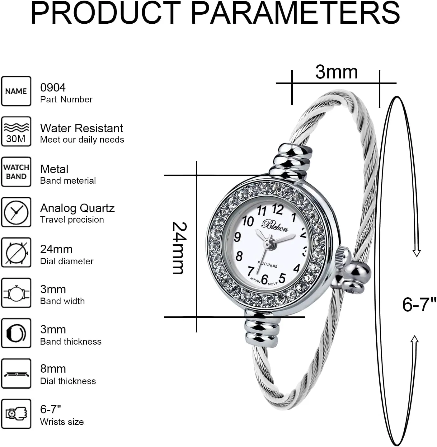 Display Arabic Numbers 23mm Case Wire Bracelet Watch for Women Elegant Cable Cuff Bangle Wrist Watch Blekon Collections Women's Cuff bleach interfere Watch - Round Analog 