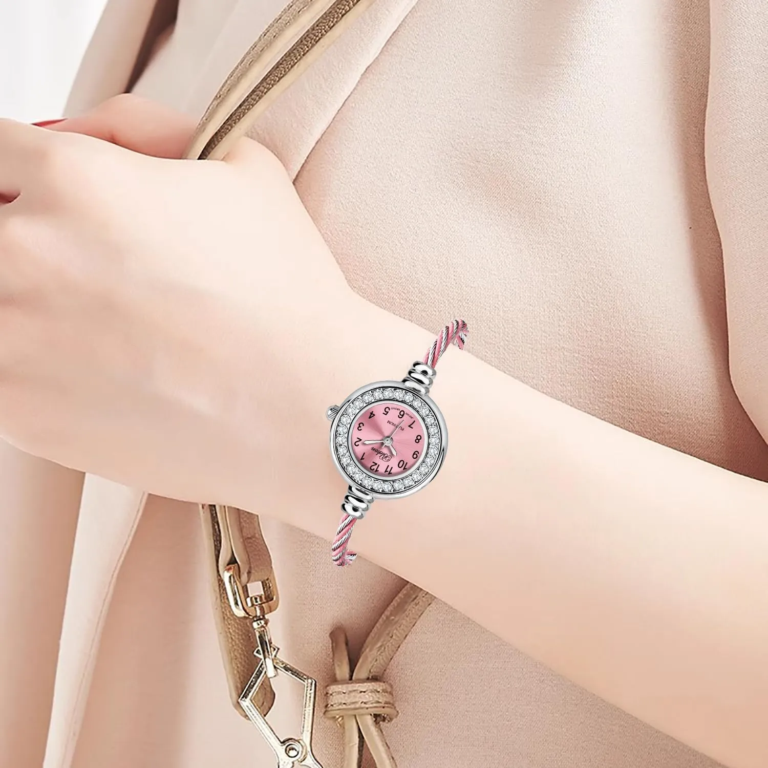 Display Arabic Numbers 23mm Case Wire Bracelet Watch for Women Elegant Cable Cuff Bangle Wrist Watch Blekon Collections Women's Cuff bleach interfere Watch - Round Analog 