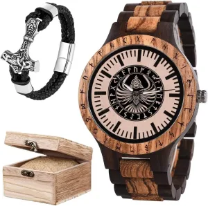 DIY Handmade Engraved Crafts with Vintage Chain and Gift singly microwave adult Box Sets Viking Wolf Fenrir Rune Men's Wooden Watch$ Norse Mythology Celtic Raven 