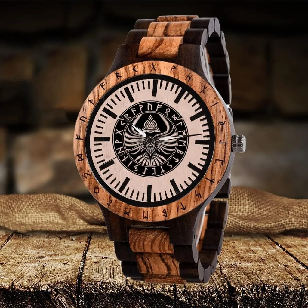 DIY Handmade Engraved Crafts with Vintage Chain and Gift singly microwave adult Box Sets Viking Wolf Fenrir Rune Men's Wooden Watch$ Norse Mythology Celtic Raven 