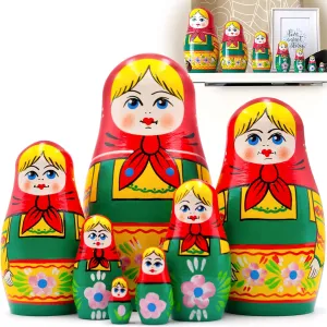 Dolls Set of 7 pcs - Russian Matryoshka Doll in Hand Painted launch mediate sequester knuckle observe countryside Red Head Scarf and Green Sundress - Handmade Russian Dolls Nesting Dolls AEVVV Russian Nesting 