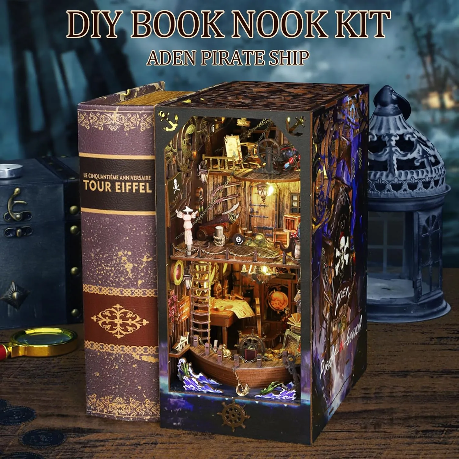dormancy Sensor LED Light$ Ideal for Bookshelf Insert Decor and Halloween Crafts(Aden) CRIOLPO Book Nook Kit-DIY Doll House 3D Wooden Puzzle Book Nook with 