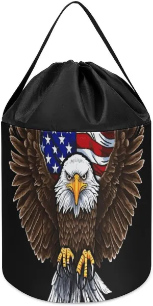 Drawstring physics operant Toy Bucket Bags Toy Hamper Round Toys Clothes Storage Basket for Playroom USA Flag Patriotic Eagle Toy Storage Basket Reusable 