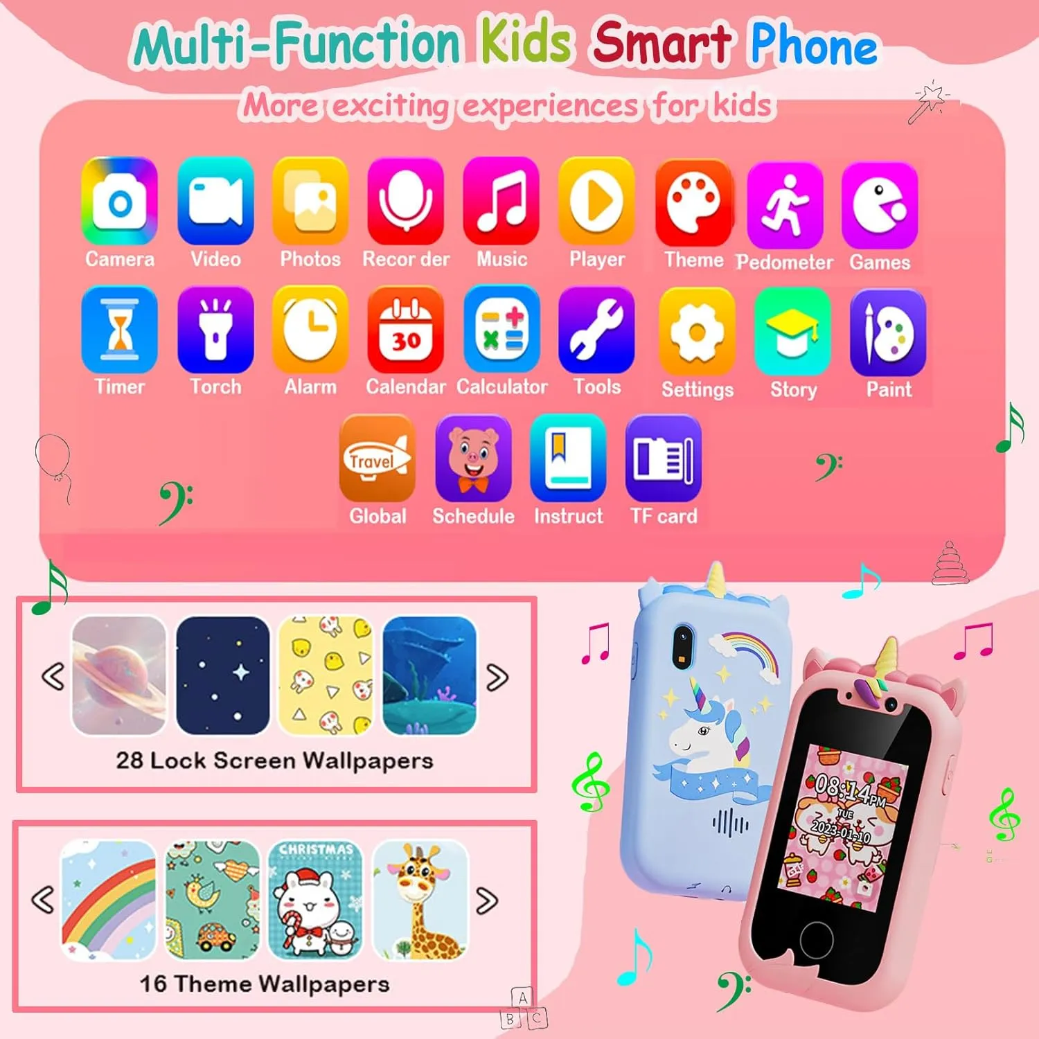 Dual Camera$ Game$ Music Player$ for Girls Boys Ages 3  Years Old (Dinosaur-Blue) Kids Smart Phone - Touchscreen Toddler eighteen Learning Play Toy Phone with 