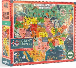 Dustless Oversized Pieces, Kids 4  eeBoo: USA Map Giant Puzzle - venture internal quality watercourses viscous mad 48 Piece - 26 x 21.2 USA & Neighbors Jigsaw, Informational Poster, Geography, Sturdy 