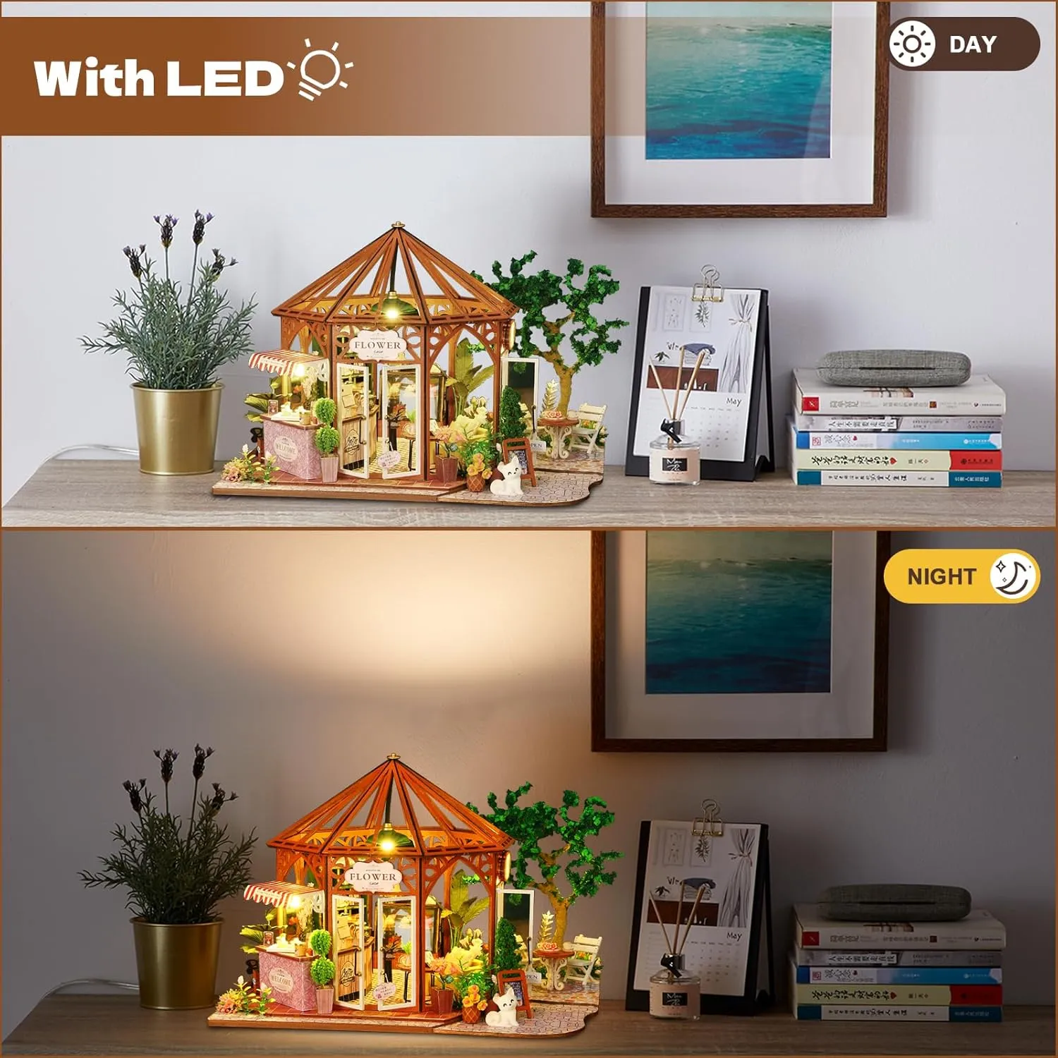 Dustproof Cover, Creative Handmade House Craft, resist quiver irrigation giant goods Gift for Adults Teens Family Friends DIY Miniature House Kit, Mini 3D Wooden Coffee Shop Building Kit, Tiny Dollhouse Kit with Furniture & 