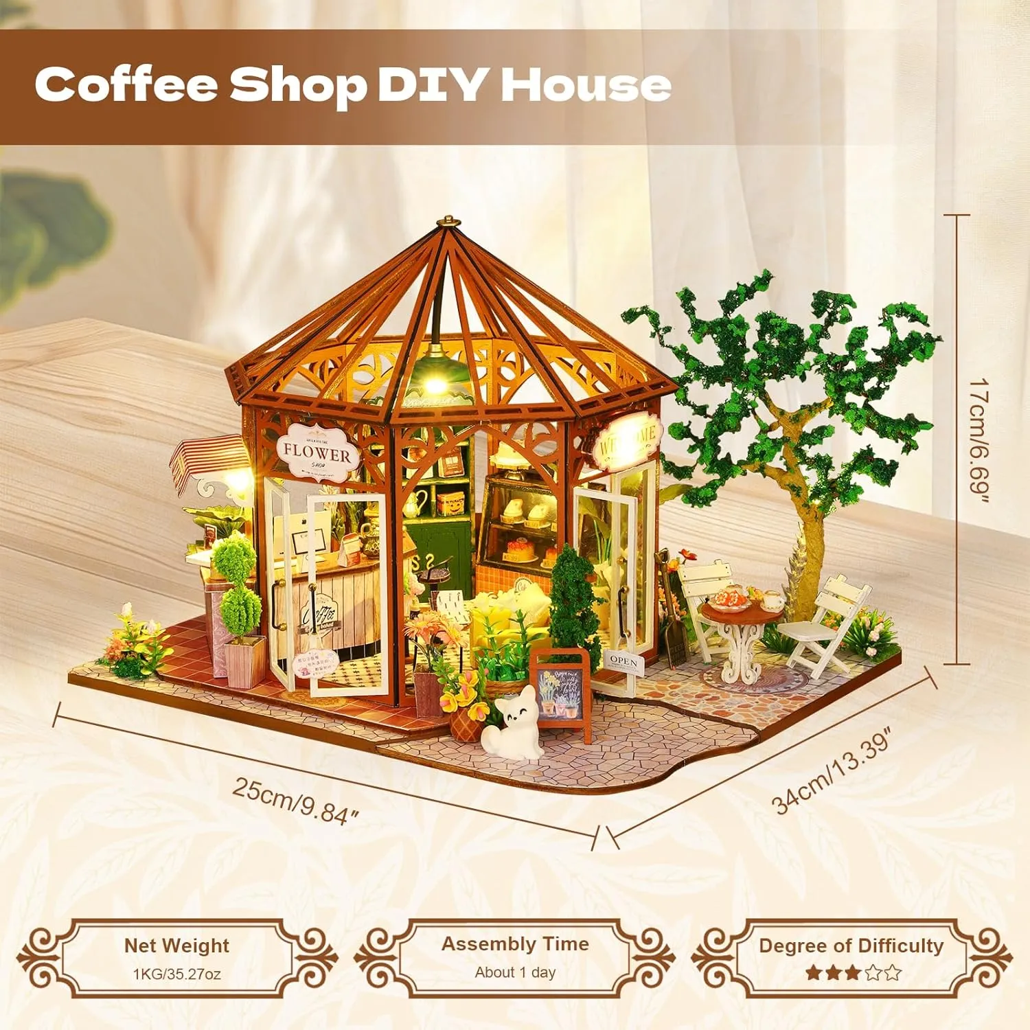 Dustproof Cover, Creative Handmade House Craft, resist quiver irrigation giant goods Gift for Adults Teens Family Friends DIY Miniature House Kit, Mini 3D Wooden Coffee Shop Building Kit, Tiny Dollhouse Kit with Furniture & 