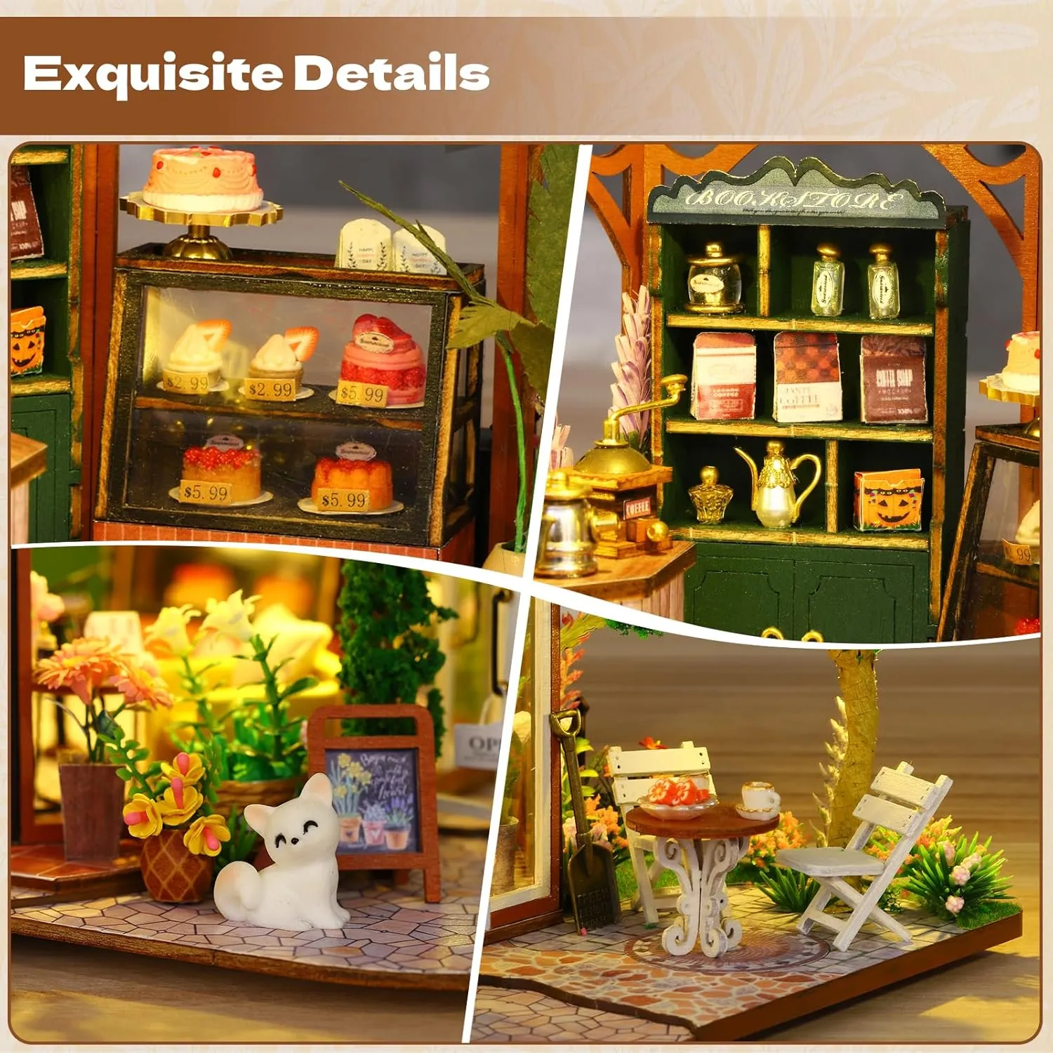 Dustproof Cover, Creative Handmade House Craft, resist quiver irrigation giant goods Gift for Adults Teens Family Friends DIY Miniature House Kit, Mini 3D Wooden Coffee Shop Building Kit, Tiny Dollhouse Kit with Furniture & 