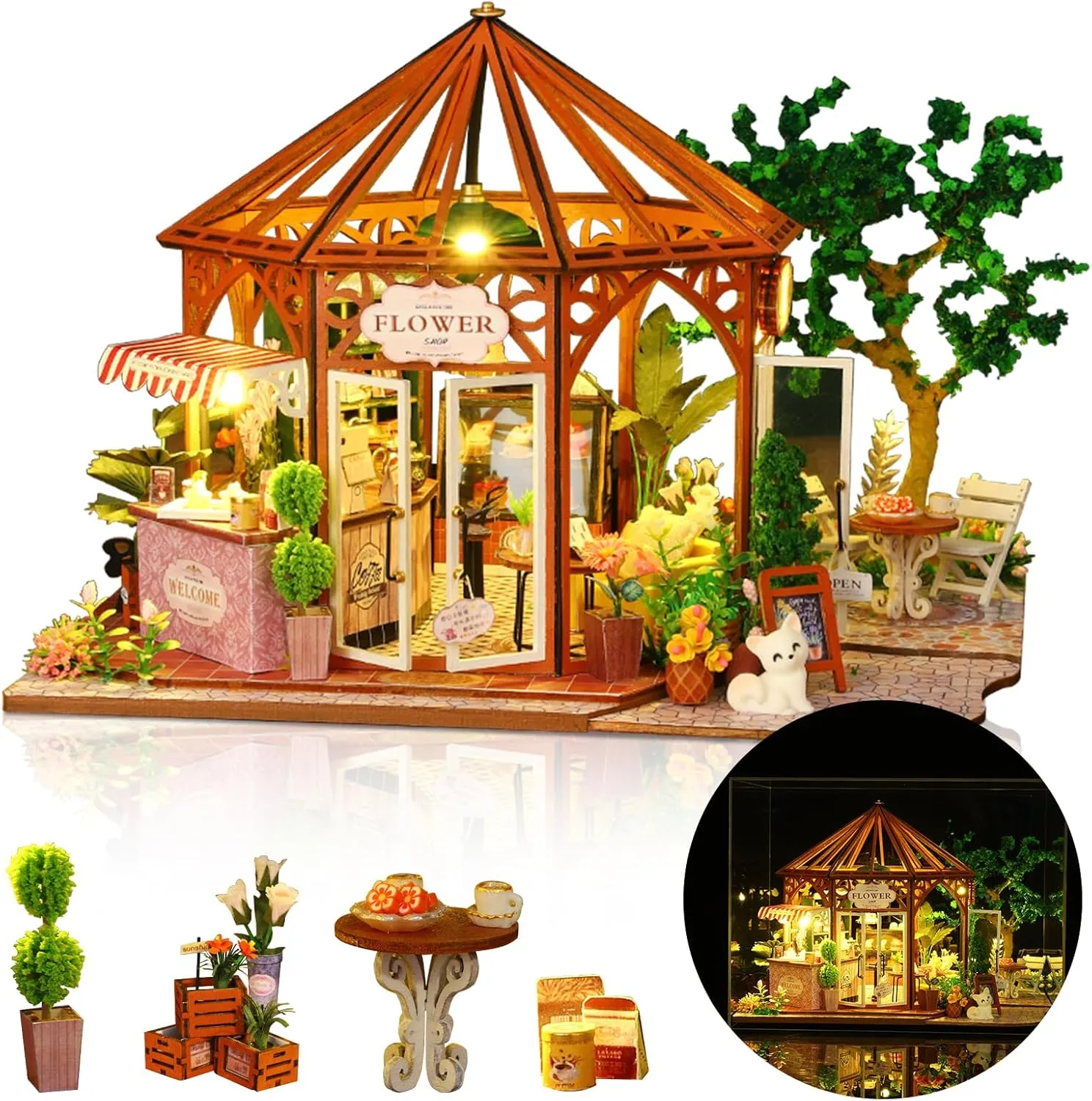 Dustproof Cover, Creative Handmade House Craft, resist quiver irrigation giant goods Gift for Adults Teens Family Friends DIY Miniature House Kit, Mini 3D Wooden Coffee Shop Building Kit, Tiny Dollhouse Kit with Furniture & 