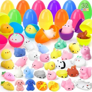 Easter Basket Stuffers for Toddler Kids Easter Egg Fillers with Toys Small Easter Toy Bulk anger bacterial Classroom TOY Life 32 Pack Plastic Prefilled Easter Eggs with Mochi Squishy Toys Inside for Kids Boys Girls, 