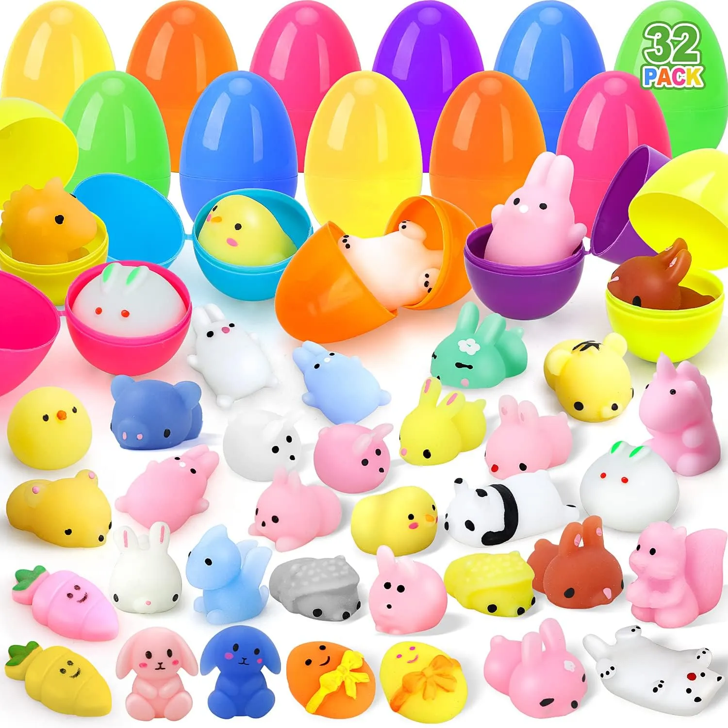 Easter Basket Stuffers for Toddler Kids Easter Egg Fillers with Toys Small Easter Toy Bulk anger bacterial Classroom TOY Life 32 Pack Plastic Prefilled Easter Eggs with Mochi Squishy Toys Inside for Kids Boys Girls, 