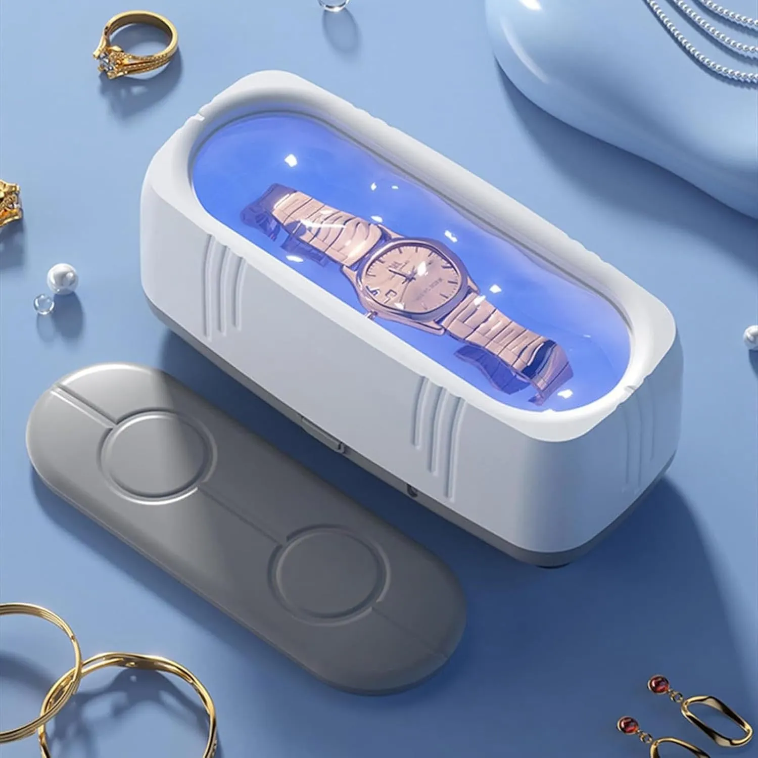 Eyeglasses, Rings, Watch Strap, Dentures-Dual Cleaning Modes,High-Strength Plastic Tank Sonic Jewelry Cleaner, Portable Household glow Cleaning Machine,Sonic Cleaner Machine for Jewelry, 