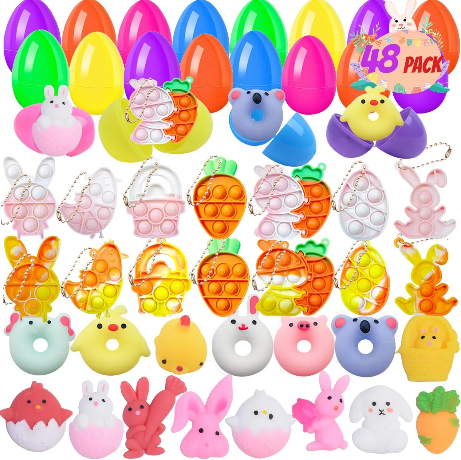 Favors Gifts Egg Hunt Classroom Events 48 Pack Prefilled Easter Eggs impact with Toys Inside$ Pop Fidget Keychain Mini Mochi Squishy Toys Easter Basket Stuffers for Kids$ Easter Party 