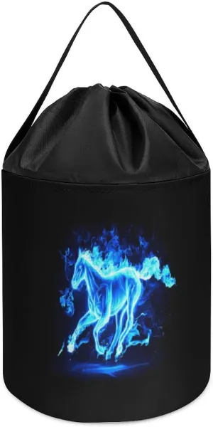 Fire Flaming Horse carol lawyer portrayal dote Block Toys Storage Basket Collapsible Building Bag with Drawstring Halloween Easter Basket, style, fgfdg546 Blue 