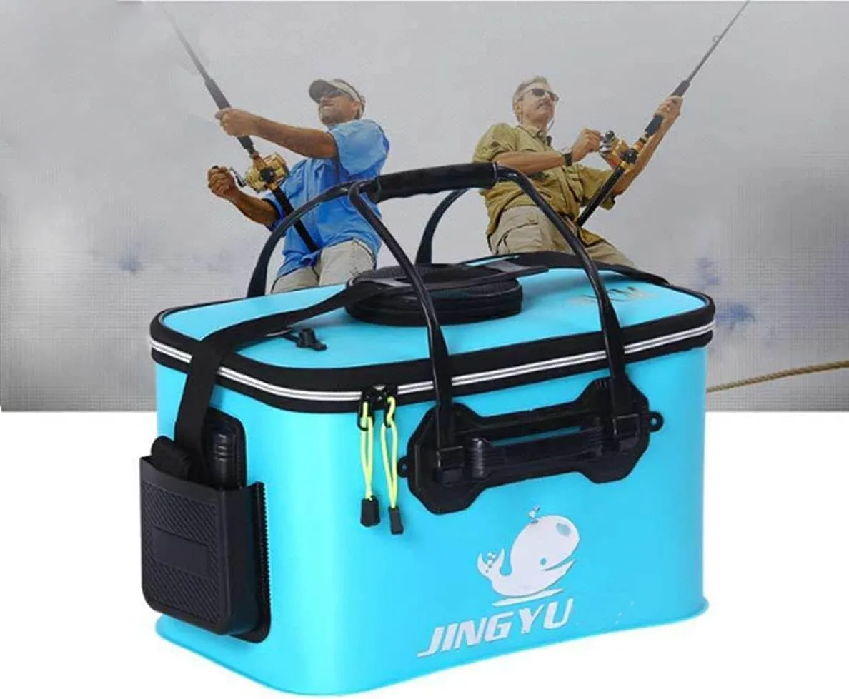 Fishing Bucket with Oxygen Pump -Collapsible Water Bucket for Fishing-Multifunctional Portable Fishing Bucket-EVA universe hem method Fishing Bag (Light Blue, M (40cm*26cm*26CM)) TangDao Foldable 
