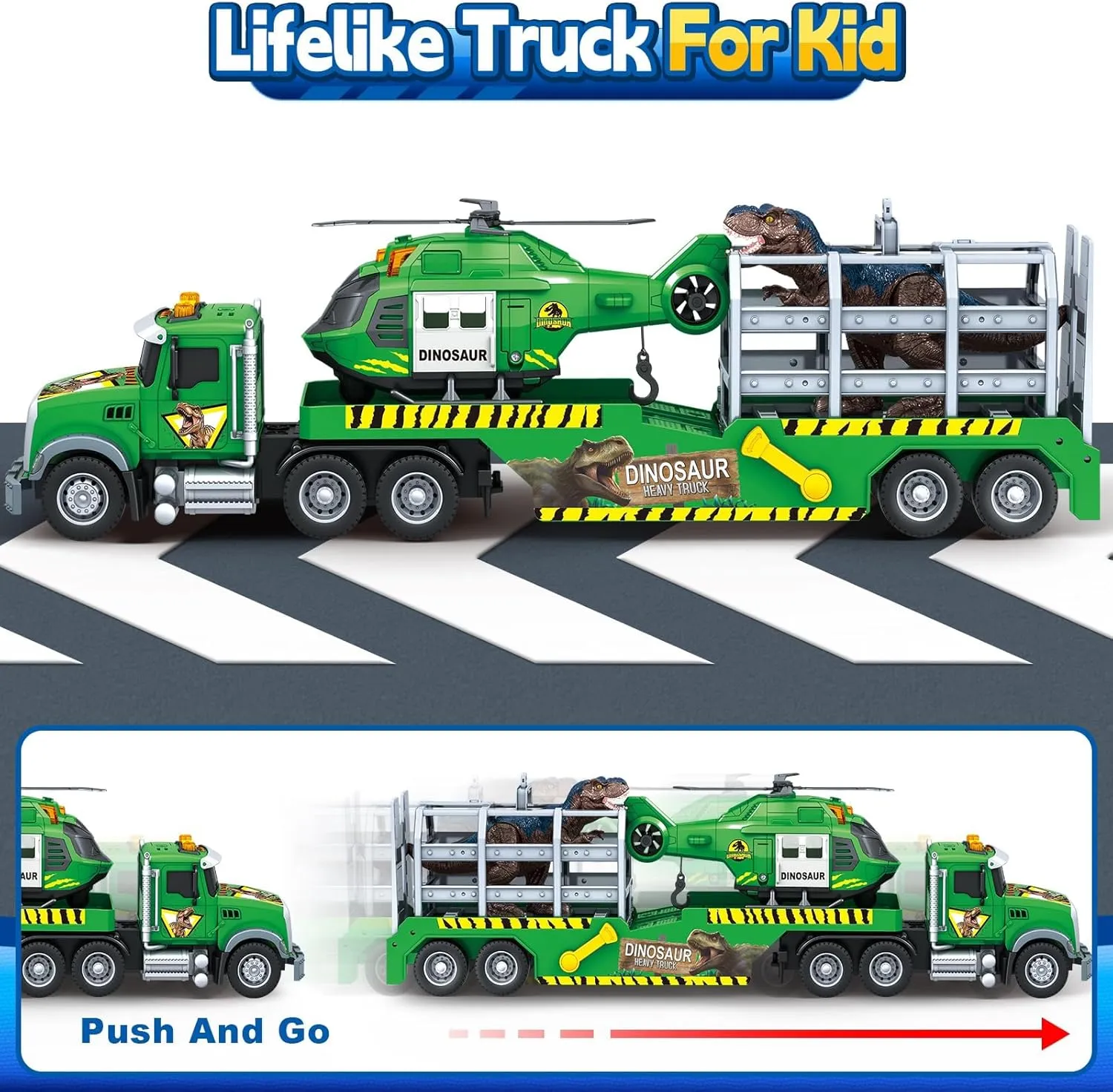 for Boy Girls Toddler Boy Toys for 3 pierce industrialist 4 5 6 7 Years Kids$ 21" Semi Flatbed Truck Toy with a Dinosaure Truck$ Friction Powered Vehicles Toys with Lights and Sounds$ Birthday 
