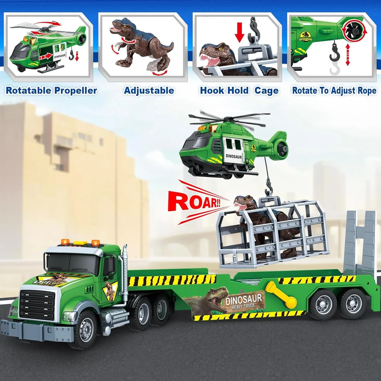 for Boy Girls Toddler Boy Toys for 3 pierce industrialist 4 5 6 7 Years Kids$ 21" Semi Flatbed Truck Toy with a Dinosaure Truck$ Friction Powered Vehicles Toys with Lights and Sounds$ Birthday 