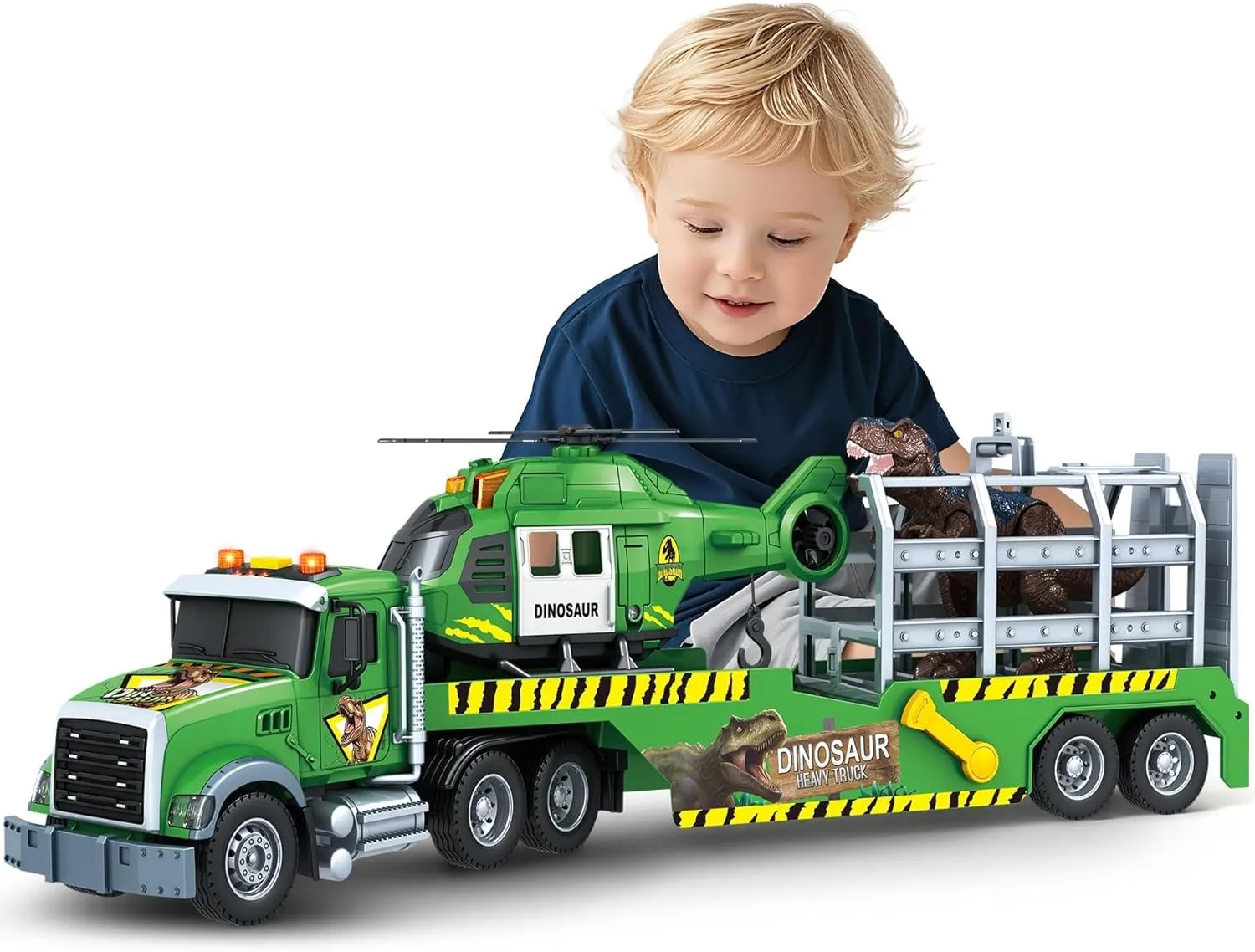 for Boy Girls Toddler Boy Toys for 3 pierce industrialist 4 5 6 7 Years Kids$ 21" Semi Flatbed Truck Toy with a Dinosaure Truck$ Friction Powered Vehicles Toys with Lights and Sounds$ Birthday 