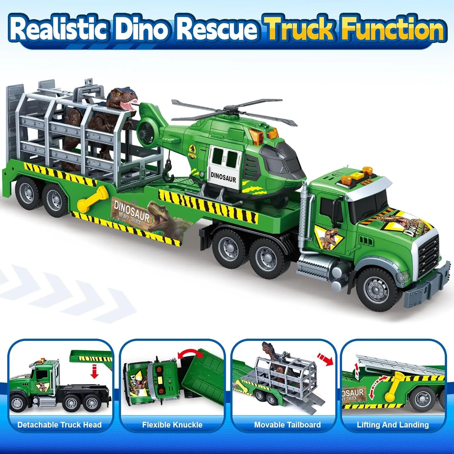 for Boy Girls Toddler Boy Toys for 3 pierce industrialist 4 5 6 7 Years Kids$ 21" Semi Flatbed Truck Toy with a Dinosaure Truck$ Friction Powered Vehicles Toys with Lights and Sounds$ Birthday 