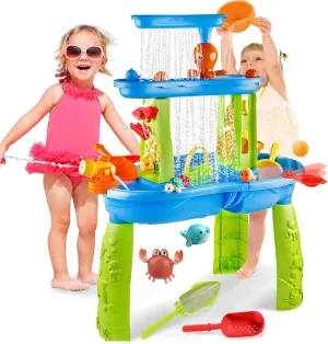 for Boys Girls buzz Water Table for Toddlers 1-3, 3-Tier Kids Water Table, Water Tables for Toddlers 3-5 Features Swimming Crabs & Dolphins, Rain Showers Splash Pond, Activity Sensory Play Table 