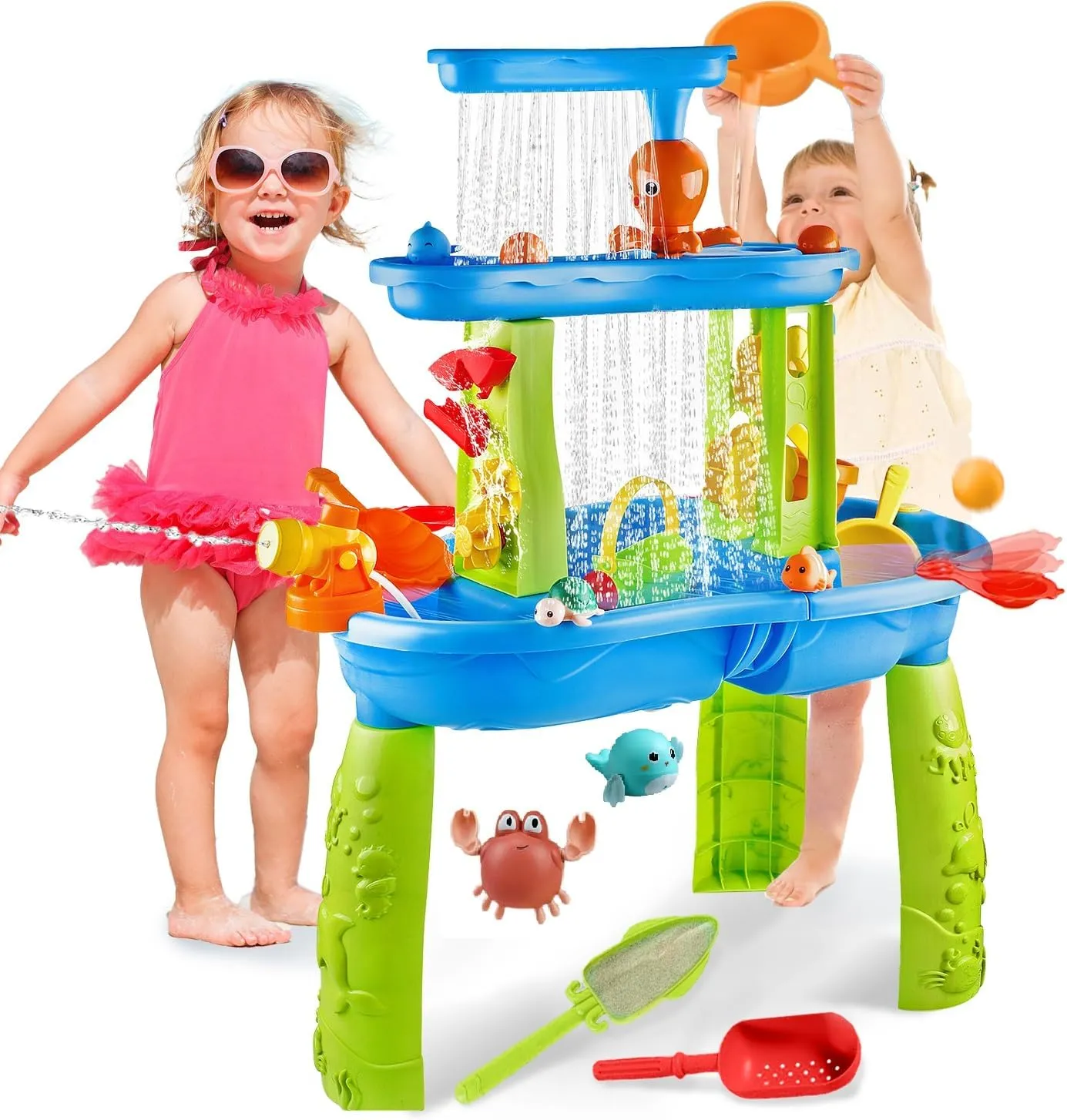 for Boys Girls buzz Water Table for Toddlers 1-3, 3-Tier Kids Water Table, Water Tables for Toddlers 3-5 Features Swimming Crabs & Dolphins, Rain Showers Splash Pond, Activity Sensory Play Table 