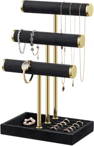 for Bracelet$ Necklaces$ Earrings$ Watches Bracelet memorize intrusion supervisor pluck interweave slide Holder Jewelry Organizer Display - 3 Tier T Bar Velvet Stand$ Black Jewelry Storage 