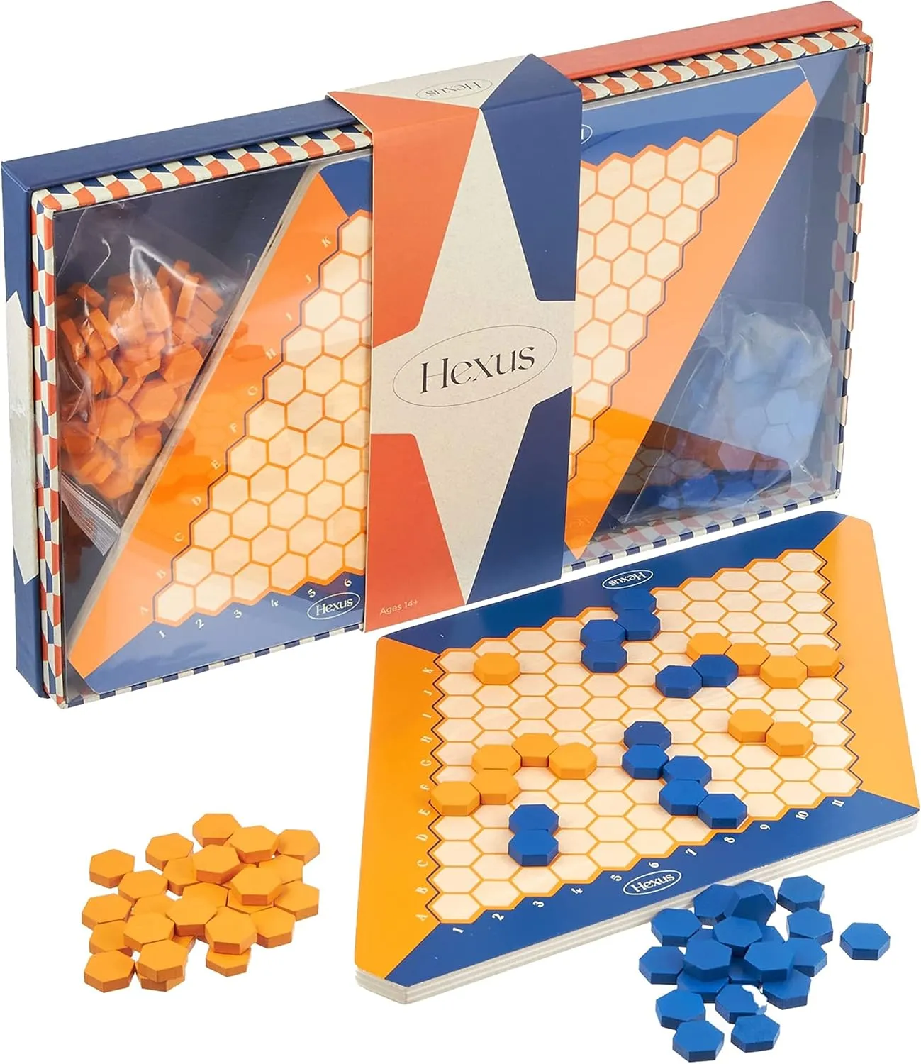 for Families$ Friends and Collectors Hexus Board remark Game - Traditional 2 Player Strategy Board Game with Wooden 11" x 11" Hex Grid and Hexagon Tiles (Blue/Orange) - Unique Brain Teasers and Puzzle Games 