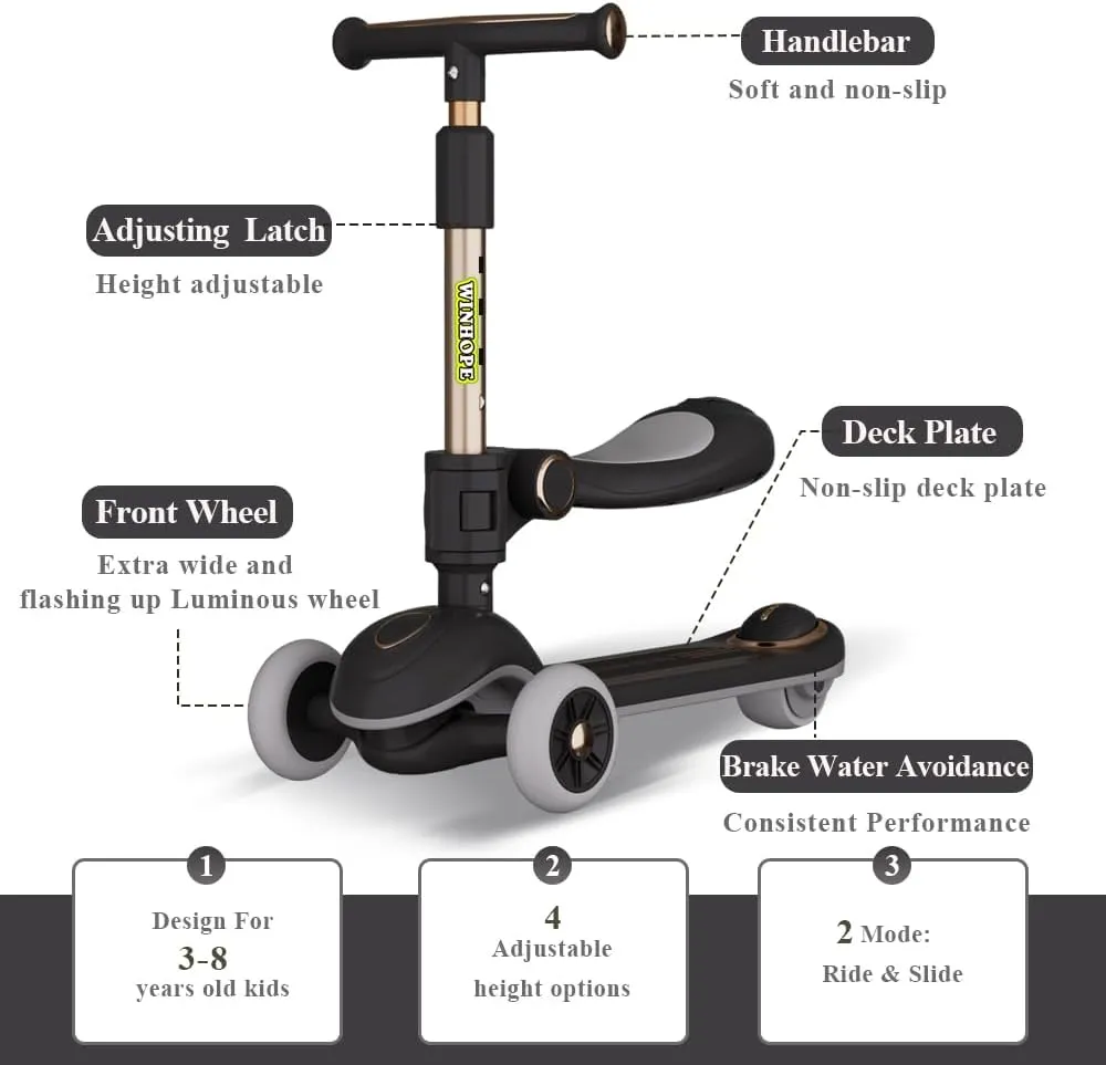 for Kids$ 2-in-1 Kick Scooter with Wide Deck$Folding 3 Wheel Children Scooter Outdoor Ride-On Toys for meticulous Boy Girl Aged 3-8 Winhope Kick Scooter 