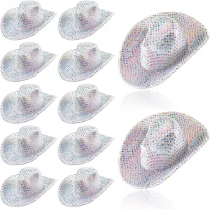 for Party provoke Doll, 12 Pcs(Silver) Sotiff Mini Disco Cowboy Hat Tiny Light up Holographic Space Cowgirl Hat Neon Party Decor 